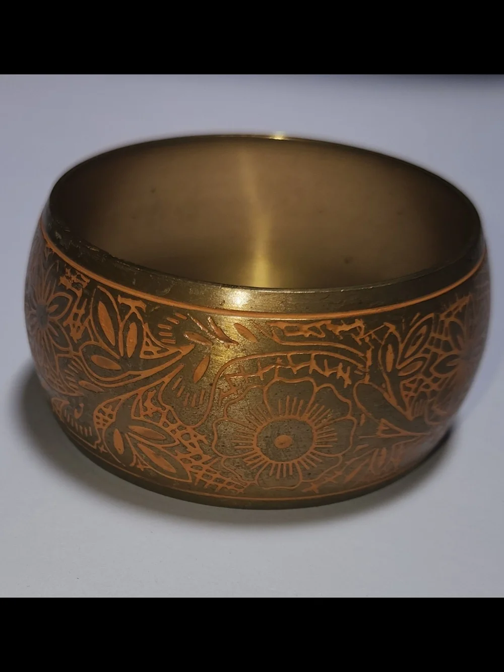 Gold Floral Etched Wide Bangle Bracelet